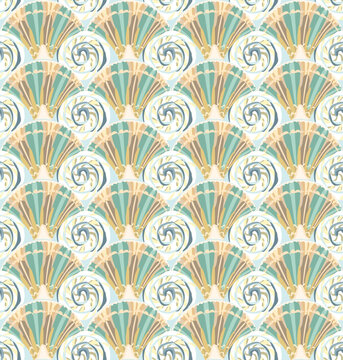 Seamless vector pattern with stylized seashell fans and spiral ocean waves in pastel shades. Elegant marine art deco background illustration for summer apparel, wallpaper, textile, wrapping paper