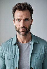 Obraz premium Confident man with blue eyes and beard wearing a casual teal shirt and gray t-shirt, looking directly at the camera, He looks directly at the camera with a serious expression