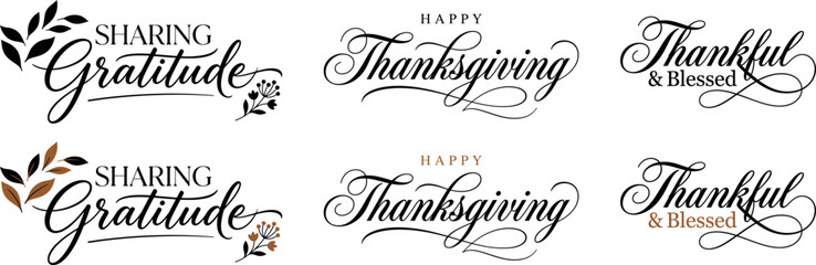 Set of elegant hand lettered calligraphy designs for thanks giving holiday cards and seasonal decorative typography projects © KaziDalia