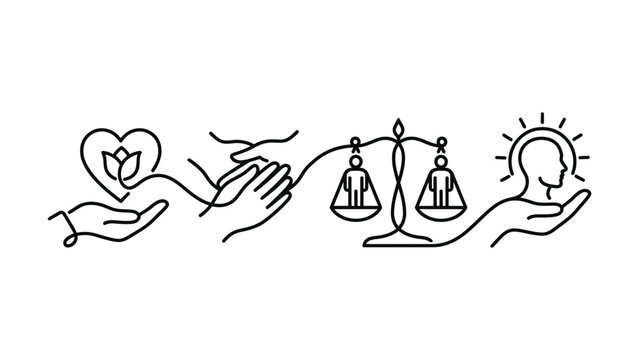 Abstract concept of human well being justice and enlightenment represented by line art icons