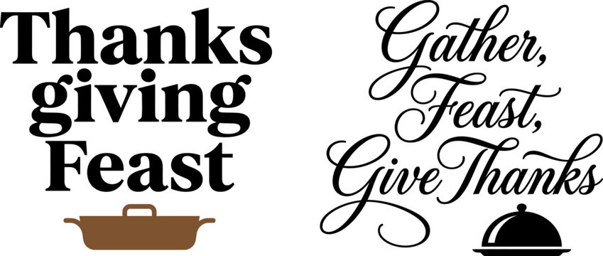 Decorative typography designs for a traditional thanks giving feast celebration with elegant calligraphy and kitchen icons