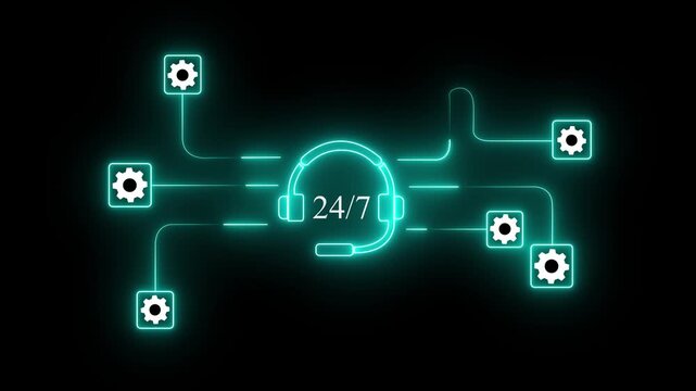 24/7 Live Support - Animated Customer Service. 24/7 Customer Support, Online Assistance, Service, Communication, and Digital Solutions 4k video.