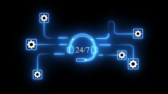 24/7 Live Support - Animated Customer Service. 24/7 Customer Support, Online Assistance, Service, Communication, and Digital Solutions 4k video.