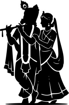 Detailed black silhouette of divine eternal couple Radha Krishna together with Lord Krishna playing flute in Tribhanga pose and Radha embracing him lovingly with ornate crowns and jewelry details, ele