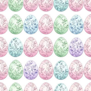 Seamless pastel Easter egg pattern for spring designs. Decorative watercolor egg background with floral motifs and soft colors.