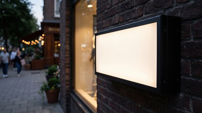 rectangular sign box mounted on a dark brick wall of a storefront along a street during dusk.