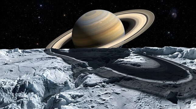 Saturn rising above a jagged, icy moon surface with ring shadows