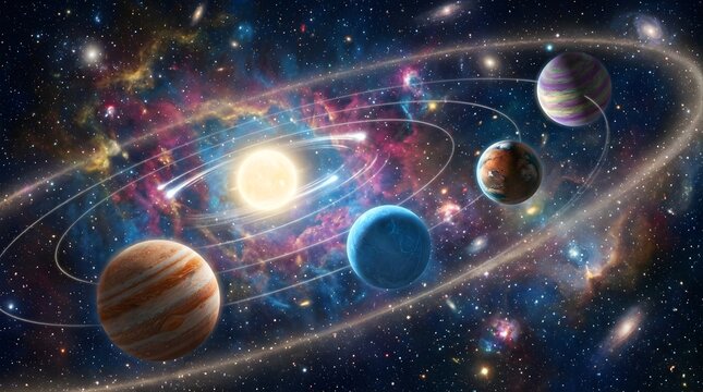 Colorful exoplanets orbiting a bright star in a nebula galaxy