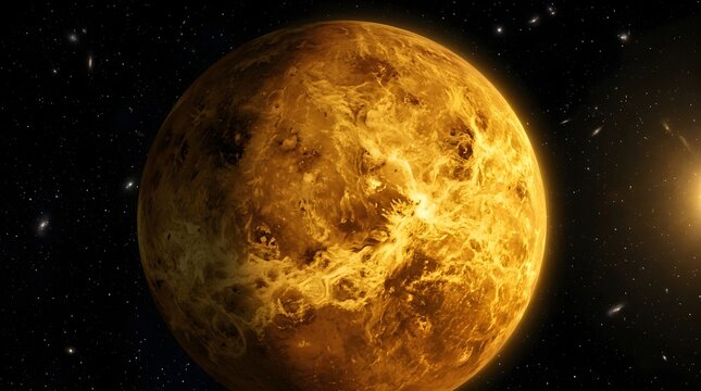 Planet venus with dense golden clouds in deep space
