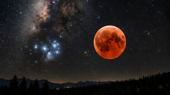Moon lunar eclipse with milky way galaxy and pleiades star cluster