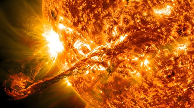 Extreme close-up of the sun with intense solar flare and plasma eruption