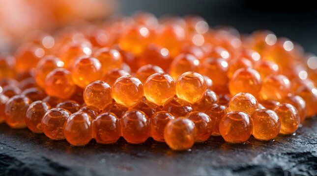 Extreme macro close-up of vibrant orange salmon roe on dark slate