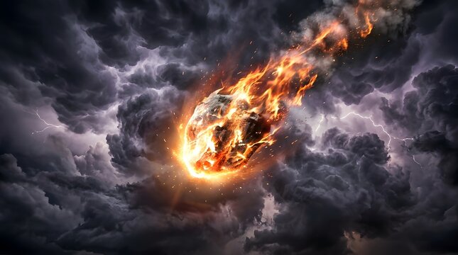 Glowing meteorite streaking through dark storm clouds with lightning