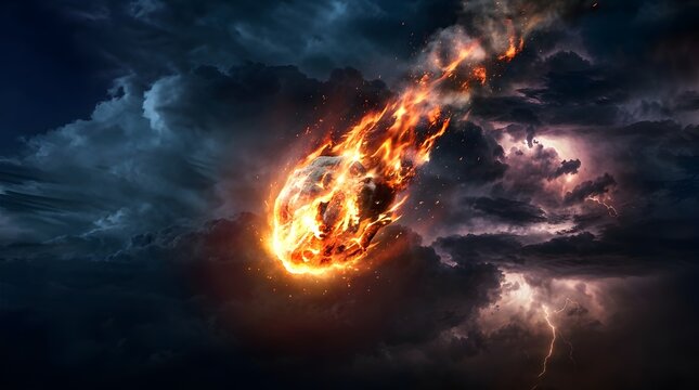 Glowing meteorite falling through dark storm clouds with lightning