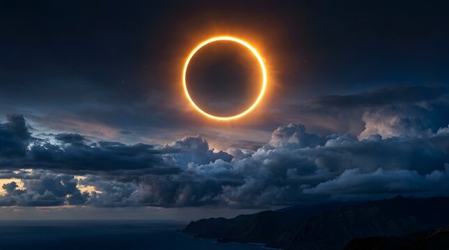 Annular solar eclipse with glowing ring of fire above clouds