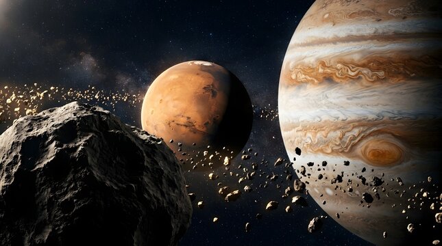 Jupiter and mars planets with asteroid belt in deep space