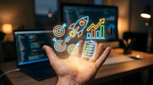 Open hand holding glowing neon business rocket, targets, and growth chart