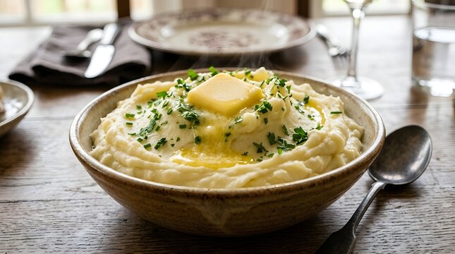 Steaming bowl of creamy mashed potatoes with melting butter and fresh chives