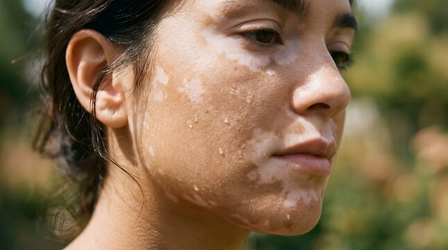 Close-up of a young woman's face with visible vitiligo skin pigmentation