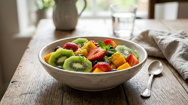 Fresh fruit salad with sliced kiwi, strawberries, and mango in a ceramic bowl