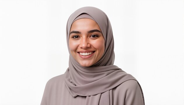 Portrait of smiling muslim woman with hijab on white background. Generative AI

