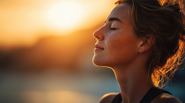 Young woman with eyes closed enjoying golden hour sunset light with a calm expression