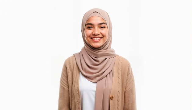 Young smiling muslim woman in hijab and cardigan isolated on transparent background
