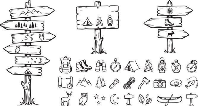 Hand drawn wooden direction sign posts with camping travel and adventure icons set