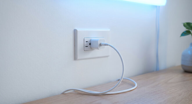 Modern white USB wall charger and cable plugged into electrical socket