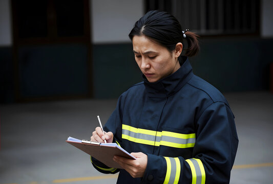 Female firefighter in uniform writing on a clipboard, emergency services and public safety, professional occupation