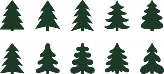 Obraz premium A collection of ten different dark green hand drawn christmas tree illustrations isolated on a plain white background