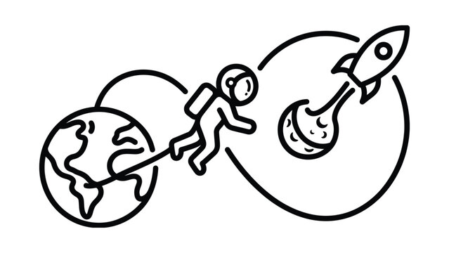 Astronaut traveling from Earth to moon with rocket and infinity loop