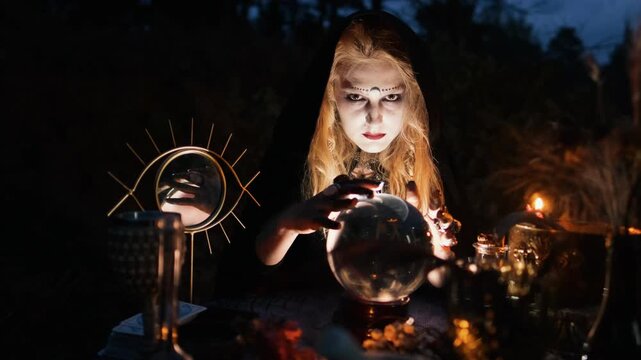Hooded fortune teller sits at candlelit outdoor table during dusk, leaning over large crystal ball with intense downward gaze, surrounded by dark mystical props, warm flame light, and moody shadows