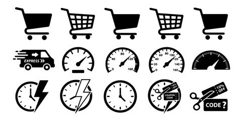 E-commerce shopping icons set, black silhouette delivery van and shopping cart symbols, fast shipping speedometers and discount coupon vector elements © Asset Aura