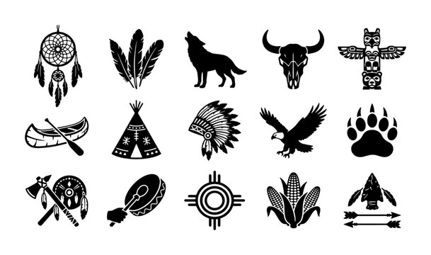 Native American tribal symbols set, black silhouette indigenous culture icons, 15 ethnic vector elements including dreamcatcher and headdress