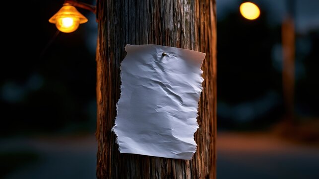 Blank White Flyer Mockup on Wooden Utility Pole at Night with Copy Space