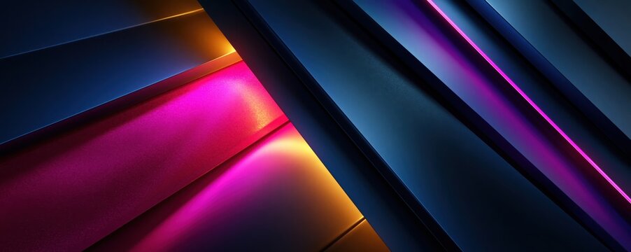 Abstract Neon Geometric Background with Colorful Metallic Panels and Glowing Light