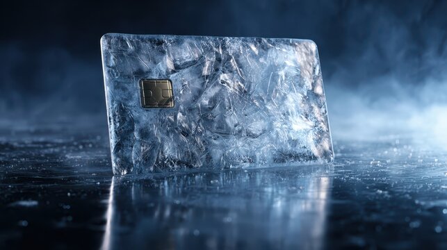 Frozen Bank Card in Ice Block Symbolizing Account Freeze Financial Restrictions and Asset Lock