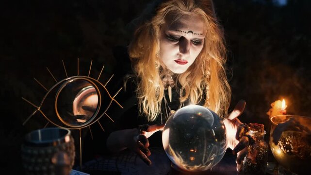 Pale faced fortune teller with messy blonde hair and dark eye makeup leans over illuminated crystal ball, fingers hovering nearby in candlelit ritual, creating intense mystical mood and eerie glow
