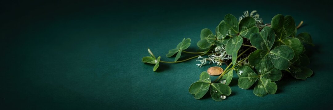 A festive composition for St. Patrick's Day, a mound of fresh clover leaves covered with shiny dew drops is laid out on a green background. A banner with space for the text. 