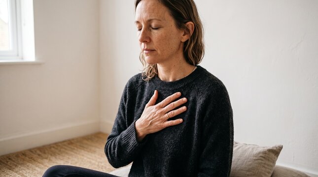 Close-up of a hand resting on the chest with eyes closed practicing a calm breathing exercise. Anxiety management concept for mental health apps and mindfulness practice marketing.