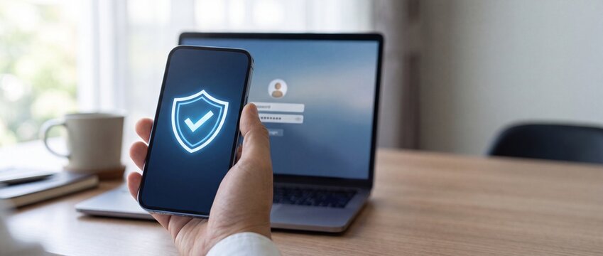 Person using smartphone for twofactor authentication to log in to laptop