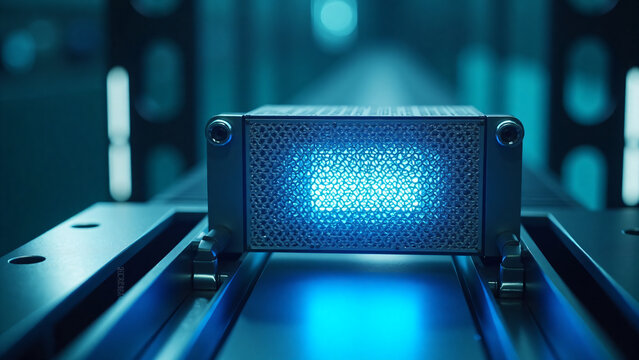 Modern quantum antenna array with soft blue glow on sleek metal frame against bright tech background