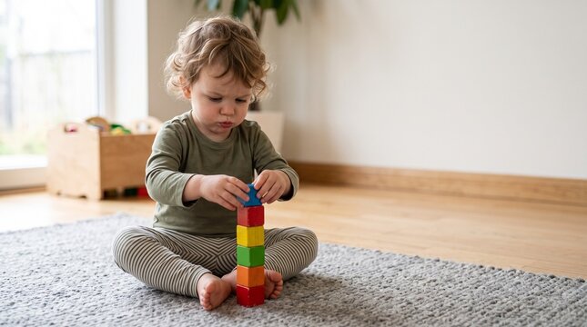 Toddler on a soft rug carefully stacking colorful wooden building blocks into a tower with focused concentration. Early childhood development photo for wooden toy brand marketing.