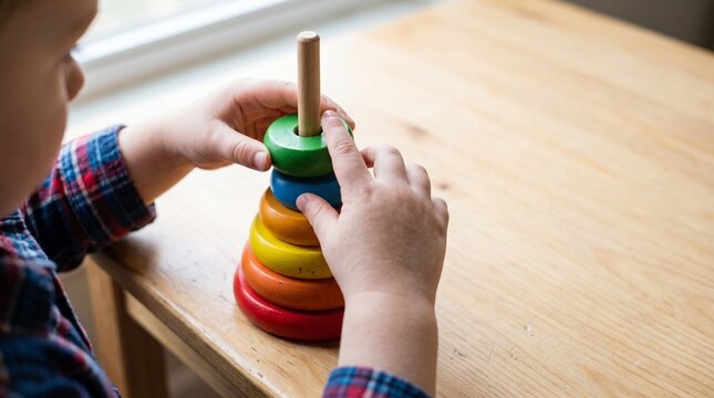 Close-up of a young child's hands placing colorful wooden rings onto a stacking pyramid toy at a small table. Fine motor skill development photo for educational toy brand marketing.