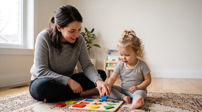 Mother sitting on the floor guiding her toddler's hand to fit a wooden puzzle piece into place. Parent child educational bonding photo for family and parenting brand marketing.