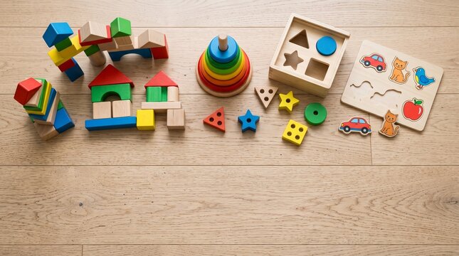 Top-down flat lay of colorful wooden educational toys including blocks, a stacking pyramid and puzzle pieces. Toy catalog product photo for wooden toy manufacturers and retail marketing.