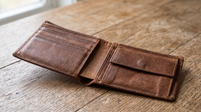 Open empty leather wallet lying on a wooden table with no cash or cards visible inside. Personal finance and economic hardship concept photo for financial publication marketing.