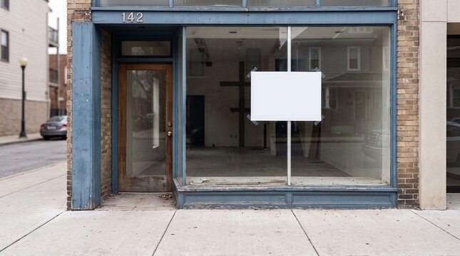 Closed storefront with a blank for-lease sign taped to the window and an empty interior visible behind glass. Economic downturn and business closure concept photo for news publications.