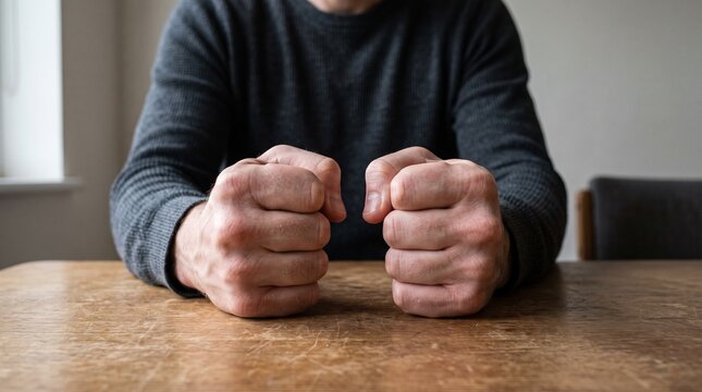Close-up of clenched fists resting on a table showing visible tension in a neutral room. Anger management concept photo for therapy platforms and emotional regulation content.